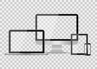 Poster - Device mockup. Laptop, computer, tablet and smartphone. Media gadgets with blank digital screen isolated on transparent background. PC pro, monitor, phone, notebook for social, presentation. Vector
