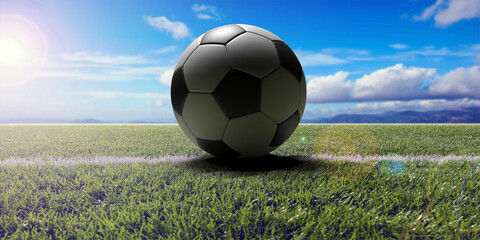 Wall Mural - Soccer ball, football close up view, green grass field, blue sky background. 3d illustration