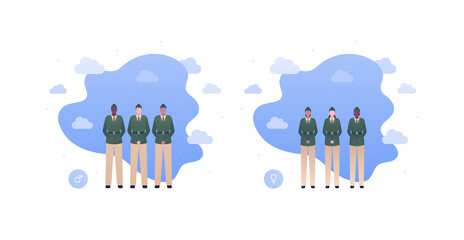 Army patriotism concept. Military infantry officer character in uniform. Vector flat people illustration. Man and woman diverse caucasian, african, hispanic group. Design for banner, web, infographic