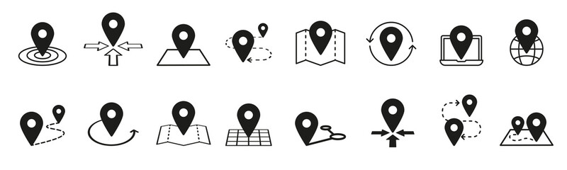 Map pins related icon set. Vector symbols on a white background. Simple pictograms