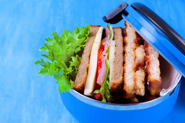 Assortment of two sandwiches in lunch box against the blue background. Sweet and savory sandwiches. Concept of home prepared meals