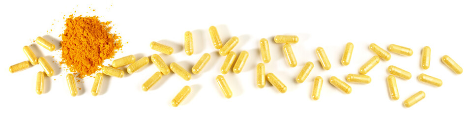 Vitamin B Capsules and Powder Panorama isolated on white Background