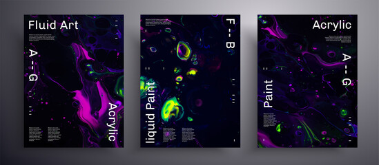 Abstract vector placard, texture pack of fluid art covers. Beautiful background that applicable for design cover, poster, brochure and etc. Purple, green, yellow and black creative iridescent artwork.