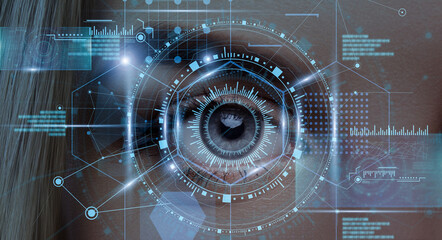 Poster - Iris Scanning System. Collage With Female Eye Retina In Process Of Scan