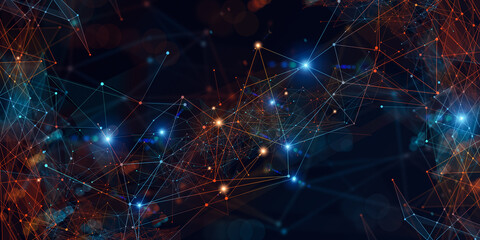 Poster - Abstract Technological Background With Colorful Lines And Dots Connceted In Polygonal Style
