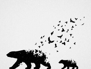 Poster - polar bear mom and child silhouettes, flying birds. endangered animal family. life and death. wildli