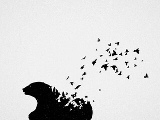 Poster - abstract bear, flying birds. endangered animal. black white silhouette