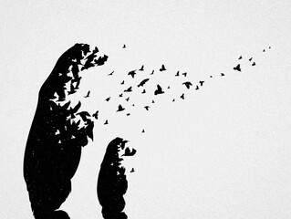 Poster - abstract bears, flying birds. endangered animal. black white concept