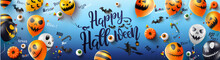 Carte Ou Bandeau Sur "happy Halloween" En Noir Sur Un Fond Bleu Avec Autour Des Ballon, Citrouille, Sorcière Sur Son Balais, Chauve Souris, Yeux