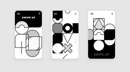 Mobile application screen page backgrounds set with geometric shapes and elements. User interface app templates collection. Eps10 vector.