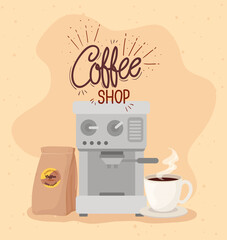 Wall Mural - poster of coffee shop with coffee maker, bag and cup vector illustration design