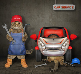 Wall Mural - Cats auto mechanics with wrenches are fixing car in a garage.