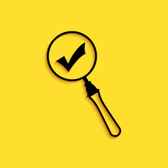 Poster - Black Magnifying glass and check mark icon isolated on yellow background. Magnifying glass and approved, confirm, done, tick, completed symbol. Long shadow style. Vector.
