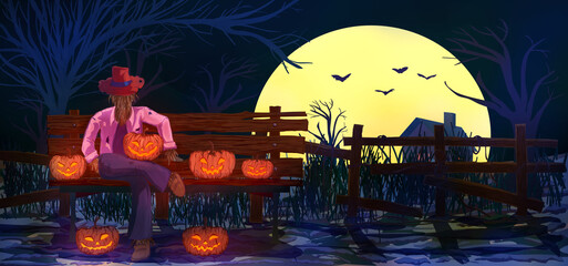 A scarecrow sits on a bench with lanterns made of five pumpkins against a backdrop of fields and a night sky with full moon for halloween party , illustration picture.