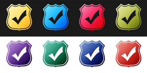 Poster - Set Shield with check mark icon isolated on black and white background. Protection, safety, security, protect, defense concept. Tick mark approved icon. Vector.