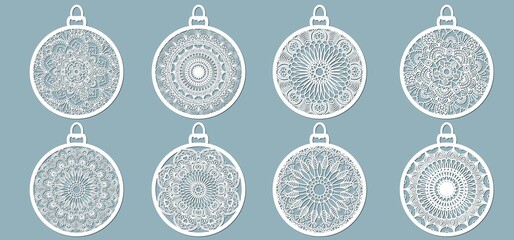 Wall Mural - Christmas balls set with a snowflake cut out of paper. Templates for laser cutting, plotter cutting or printing. Festive background.