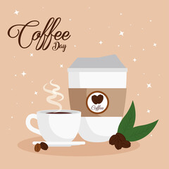 Sticker - international coffee day poster, 1 october, with cup ceramic, disposable and decoration vector illustration design