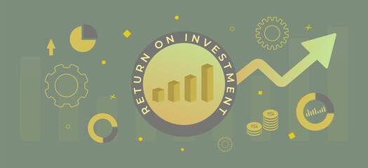 Poster - ROI - Return on Investment Business horizontal banner concept. Market and Finance growth vision stretching rising up. Profit or financial income strategy illustration web banner.