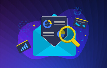 Poster - Email analytics vector illustration. Business e-mail marketing service concept.  Analysis with charts and graph of advertising, news, promotional materials by mail to subscribers