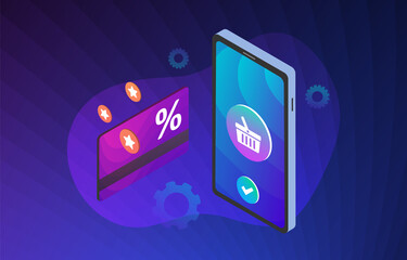 Poster - Loyalty marketing program - Cashback and retail Rewards customer service. Discount card with rewarding points and mobile phone with online-shop basket concept vector illustration