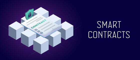 Aufkleber - Smart contract horizontal vector concept. Cryptocurrency blockchain business technology for fast and decentralized contracting and agreement conclusion. Header and footer banner template with text
