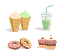 Ice Cream, Soda, Doughnuts, And Chocolate Cupcakes Vector Flat Cartoon Illustration Isolated On White Background. Tasty Sweet Desserts. Delicious Desserts For Restaurant Or Cafe Design.