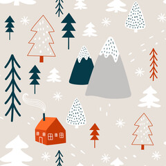 Wall Mural - winter pattern with christmas tree and house. vector