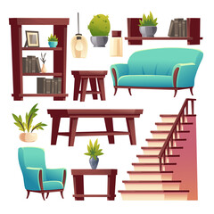 Rustic house hallway interior stuff set. Wooden stairs and furniture table, shelf, bookcase and armchair with potted plants. Apartment or home decor in rural style isolated cartoon vector illustration