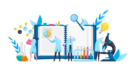 Scientists in discovery lab with book, microscope, experimental science flat vector illustration. Laboratory equipment. Chemical test tube, flask and beaker, book, scientific experiment tool.