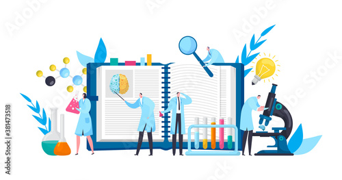 Cuadros en Lienzo Scientists in discovery lab with book, microscope, experimental science flat vector illustration