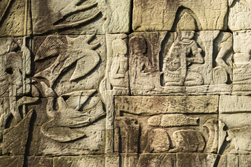 Detail of bas relief on the Bayon , Angkor Thom, Siem Reap