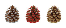 Set Of Christmas Decorations. Isolated Pine Cones With Red, Silver And Gold Glitters