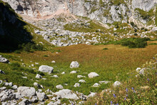 Small Valley Among Sheer Cliffs With An Autumn Alpine Meadow