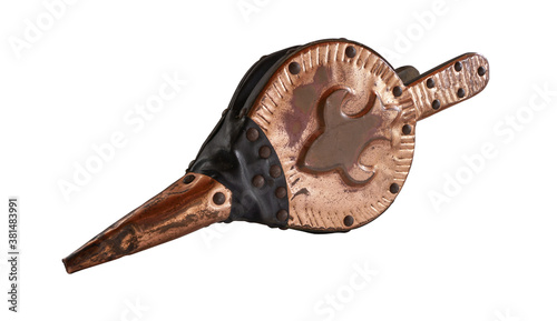 Fotografía Old pair of leather and copper bellows with fleur de lis embossed, isolated on w