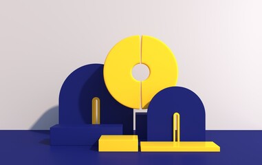 Abstract composition of geometric shapes in art deco style and podium for product showcase, multicolored shapes, 3d render