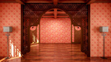 Interior Of Traditional Chinese Style Empty Room Open Space With Wooden Floor, 3d Rendering