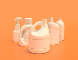 Wall Mural - A group of white plastic cleaning supplies containers  in yellow orange background, flat colors, single color, 3d rendering