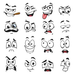 Wall Mural - Face expression isolated vector icons, funny cartoon emoji smoking cigar, wink and sad, smiling, scared and wear monocle eyeglass with mustache. Cheerful, angry and show tongue face expressions set