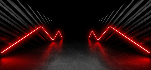 Fototapete - A dark corridor lit by colorful neon lights. Reflections on the floor and walls. 3d rendering image.
