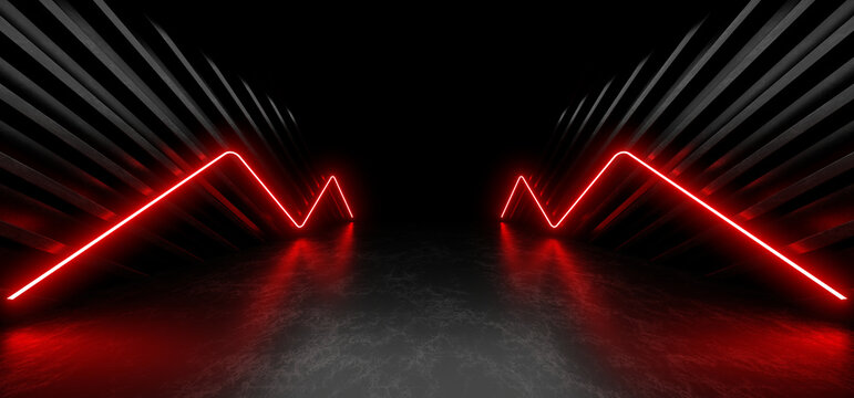 A dark corridor lit by colorful neon lights. Reflections on the floor and walls. 3d rendering image.