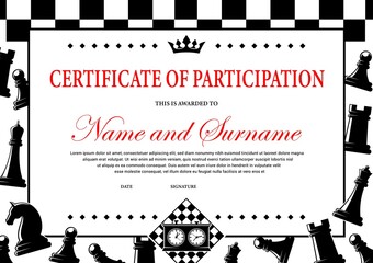 Chess tournament participation certificate, award diploma vector template. Child or adult chessplayer championship monochrome border design with figures and checkered pattern, sport game achievement