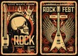 Rock fest posters and flyers, concert music band festival, vector grunge vintage skull and electric guitar with wings. Hard rock and live music concert fest show, drums and loudspeakers in fire flame