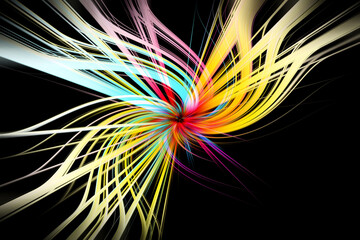 Poster - Striped technology, hi-tech or sci-fi background, abstract computer generated image. Fractal geometry: pink, blue, yellow, red spiral with curled rays. For desktop wallpaper or web design.