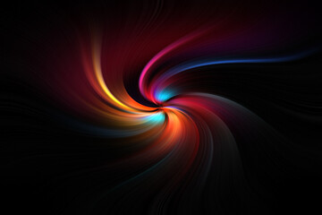 Poster - Striped technology, hi-tech or sci-fi background, abstract computer generated image. Fractal geometry: black, blue, yellow, red spiral with curled rays. For desktop wallpaper or web design.