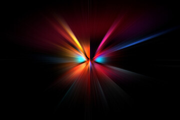 Poster - Striped technology, hi-tech or sci-fi background, abstract computer generated image. Fractal geometry: black, blue, yellow, red spiral with curled rays. For desktop wallpaper or web design.