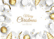 Merry Christmas and Happy New Year Holiday white banner illustration. Xmas design with realistic vector 3d objects, golden christmass ball, snowflake, glitter gold confetti.
