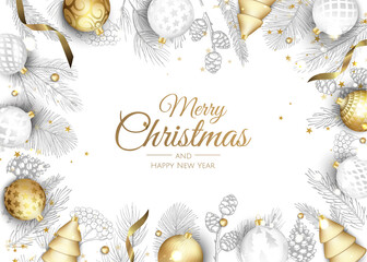 Wall Mural - Merry Christmas and Happy New Year Holiday white banner illustration. Xmas design with realistic vector 3d objects, golden christmass ball, snowflake, glitter gold confetti.