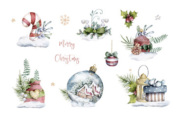 watercolor christmas set of wreath with christmas tree spruce branches, flower and berries on a whit