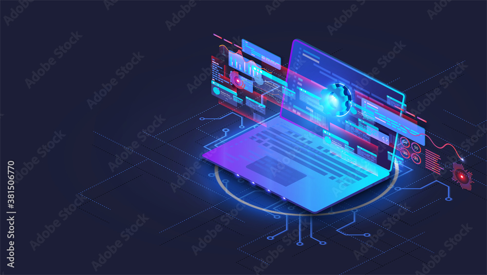 Isometric application of laptop with business graph, analytics data ...