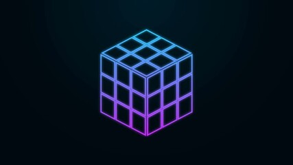 Sticker - Glowing neon line Rubik cube icon isolated on black background. Mechanical puzzle toy. Rubik's cube 3d combination puzzle. 4K Video motion graphic animation